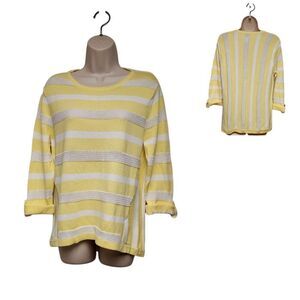Zernergy By Chico's Striped Knit/Mesh Sweater Yellow/White Roll-Tab Sweater 2-L
